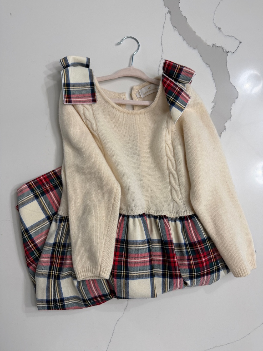 Cream Plaid Bow-Trim Knit Dress for Kids